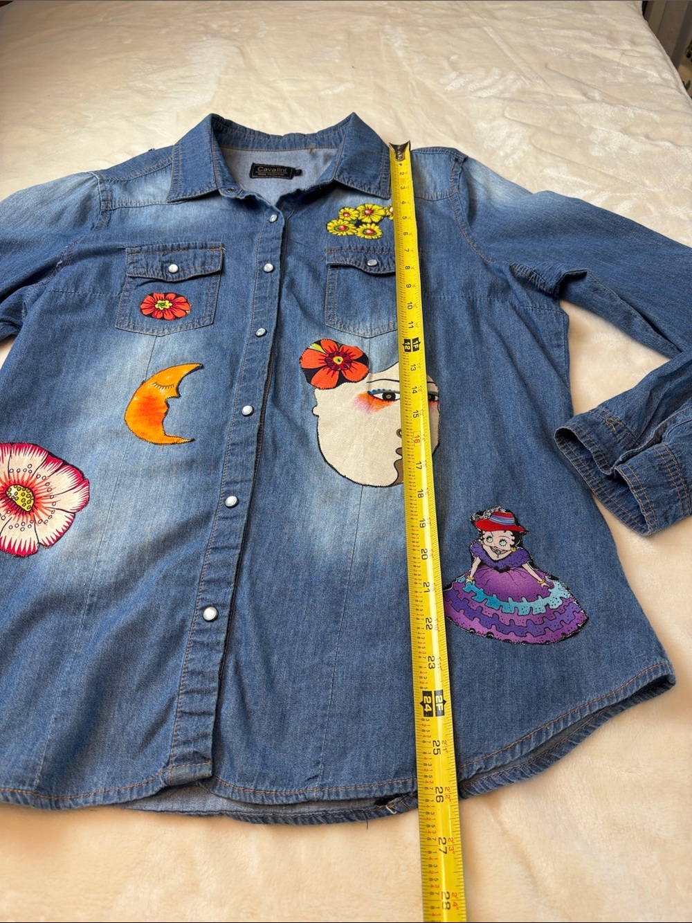 Women's Cavalini Denim Shirt with Multicolor Motifs- Sassy! Size Large - Picture 11 of 14